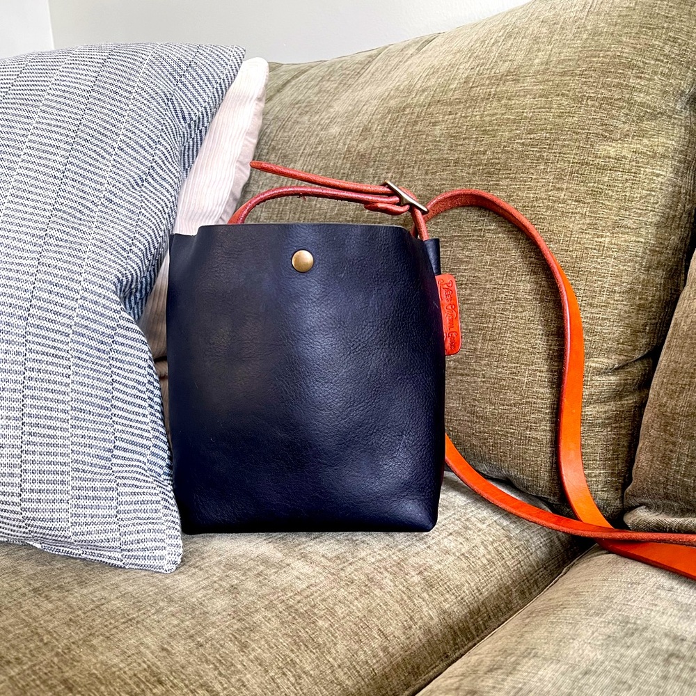 Handmade Navy Blue Leather Bucket Bag